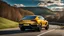 Placeholder: A sleek rear view of (((a cross of bentley and lamborghini urus))), on street, with hill and trees around, a beautiful clouds and sunny weather