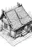 Placeholder: isometric pen and ink drawing of a very small fantasy single-story slum house with wood roof