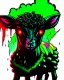 Placeholder: Comic book art style black lamb with red eyes, contrasting green meadow, cartoonist, digital portrait, dark fantasy, black iridescent skin, holographic, shiny, PVC texture, wet look, anime, gothic