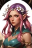 Placeholder: Generate a dungeons and dragons character portrait of the face of a female Summer Eladrin. She is a circle of the ranger. Her hair is purple-pink and voluminous. Her skin is a soft yellow. Her eyes are like new flowers. She wears a dainty circlet made of silver coated branches with flowers.