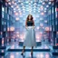 Placeholder: make a picture pretty stage made of metallic blue-gray teme 3d recursive cubic and sphere and heart simbol lights s base structures and a beautiful fashion model lady standing with cute in scene with sexy top and pretty pleated midi skirt ,makeup curvy long hair,dynamic camera zoom to full body and pan, dynamic lights.