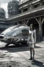 Placeholder: a photorealistic sleek, long, silver spaceship sitting in the street of a dystopian futuristic ruined alien city, with a woman in a silver suit, standing in front