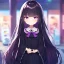 Placeholder: Clear Focus, High resolution, loli girl wearing a school unform, black long fluffy hair, purple eyes, blocky eyes