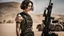 Placeholder: beautiful caucasian female soldier, black metal body and limbs, visible cybernetic limbs, scratched sand camo metal details, short brunette wavy bob haircut, dystopian, desert scene