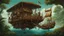 Placeholder: steampunk gipsy caravan crossed with a boat flying high over a jungle with platforms, verandas, and people, intricate