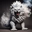 Placeholder: foo dog with curly white fur, smokey breath and fire,, spikes along back, a long tail, moving forward towards viewer, wrapped in smoke