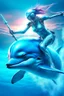 Placeholder: a female cyborg, cyberpunk, underwater, riding a mechanical dolphin, she is a warrior of the sea with a silver trident in hand, her eyes glow with data scrolling in them, beautiful sea life swims around her as she scans for danger, vivid colors, unseen light shimmers, imaginative overlays, artistic fusion, masterpiece, high quality, 8k, photorealistic detail,