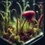 Placeholder: close up of horrific carnivore plant with needle sharp teeth in a glass square terrarium, sharp focus, high contrast, dark tone, bright vibrant colors, cinematic masterpiece, shallow depth of field, 16k resolution, photorealistic, intricate details, dramatic natural lighting