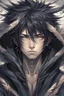 Placeholder: Anime man in hood messy black hair realistic feathers