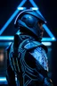 Placeholder: cyberpunk, neon blue, floating triangle of light behind the back, cyber armor, geometric patterns on an armor, male, orbiting triangle