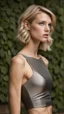 Placeholder: photography of a beautiful anorexic woman, silver satin top, sports illustrated, blond short wavy bob haircut, pronounced sternum