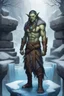 Placeholder: full body portrait of standing psionic ancient half elf half orc shaman thief in inviting pose on ice stone bridge, book cover