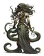 Placeholder: full-length, detailed persona, sword in hand, gorgon medusa, from the back, half-turn, full-length, leans on one leg, snakes on the head instead of hair