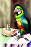 Placeholder: Parrot is sitting at a table with a birthday cake. Watercolour