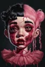 Placeholder: full color, illustration of a darkred and pink tones, menacing, Singer Melanie Martinez face, as a decayed, broken, skin turned translucent, black veins that extended like roots beneath her skin, latex suit, crude homemade cloth doll toy, with a narrow cracked porcelain face, thick dark eyebrows, hair in two gradually, made from ragged strips of cloth, in the style of Alex Pardee, Tim Burton, and Nadya Sheremet