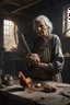 Placeholder: "A an old paints cracked dirty abandoned barn an old woman holding a chicken from the neck in one hand and holding a knife on the other hand on the table , , insanely detailed octane render trending on artstation, 8k artistic photography, photorealistic concept art, soft natural volumetric cinematic perfect light, chiaroscuro, award-winning photograph, masterpiece, oil on canvas, Raphael, Caravaggio, Greg Rutkowski, people, beksinski, Giger