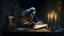 Placeholder: oldest death character, on old desk, writing on old book, on oldest throne on stone, candles, dirthy atmosphere, background darkness