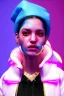 Placeholder: Ultra Realistic image, Rosalía artist, portrait, waist up portrait, long black eye line, sweet face, inflatable hoodie, gold pink and blue style, spray glow make up, led lights, neon, rings piercing nose, led ornament, fog, cold, bubble latex coat, vibrant color, highly detailed, art stations, concept art, smooth, unreal engine 5, god rays, ray tracing, RTX, lumen lighting, ultra detail, volumetric lighting, 3d, finely drawn, high definition, high resolution.