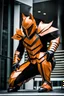 Placeholder: Catman in futuristic orange armor, photograph