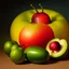 Placeholder: Naturaleza muerta frutas, Fernando Botero style, digital art, colores contrastes, hiperdetallado, 8k