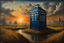 Placeholder: Tardis - Resembling the Flying Dutchman at sunset of the ark by mike axelso, oil on canvas, in the style of hyperrealistic environments, dutch genre scenes, grisaille, fantastical ruins, nostalgic rural life depictions, venetian scenes, barroco, cloudpunk, steampunk roads and orchards and trees and fields and mountains and medieval cities, the city is crossed by a big river that a big medieval stone bridge, large walls surround the city, flawless form of existence