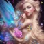 Placeholder: bright fairy, beautiful portrait, blond hair,blue eyes, flowery luminous pastel colors, butterfly