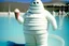 Placeholder: Dejected mottled lovecraftian anthropomorphic marshmallow man creature wearing a vintage 1920's vertical striped bathing suit holding a melting ice cream cone, surreal digital photograph, clear depth of field, in far distant background is a public swimming pool with someone floating face down in the middle, circular life preserver on a pole, surreal, dramatic, sinister, fantastical, complex contrast, dynamic