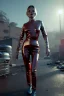 Placeholder: retro sci-fi press image from 1960, supermarket explosions, people running, sweet young Kate moss walking, tight latex suit, weapon, fighting stance, soft color, highly detailed, unreal engine 5, ray tracing, RTX, lumen lighting, ultra detail, volumetric lighting, 3d, finely drawn, high definition, high resolution.