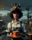 Placeholder: Waist up portrait, hybrid character, waitress British woman with monster muppet mask that covers her entire head and face, Sesame Street style, retro style, pub, short shirt, tray, beer, old school tattoo, hot, smooth, unreal engine 5, god lights, ray tracing, RTX, lumen lighting, ultra detail, volumetric lighting, 3d.