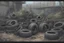 Placeholder: Pile of tires, metal pipes, junk, overgrown, post-apocalyptic, comic book,