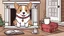 Placeholder: cute cartoon welsh corgi relaxing in front of the fireplace at Christmas with a ((mug of hot cocoa))- cartoon - pusheen style - hello kitty style