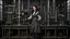 Placeholder: woman with dark wavy hair, with detailed metallic legs and arms, dressed like a Victorian, in a laboratory full of small machines