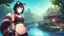 Placeholder: Girl, open navel, black hair, orange eyes, forest, river, house by river, collar on neck, raccoon ears, raccoon tail.