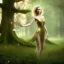 Placeholder: upper body of blond selda leaning against tree, jewelry, fast walker, as a young cute feminine woman, short hair, green forest background, pond, mega flowers, dusk, 100 fireflies, throne