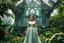 Placeholder: Victorian green open house overtaken by jungle, exotic birds nesting in iron rafters, morning mist, lost paradise atmosphere,a pretty model lady as queen walking in flowers to camera that capture closeup full body shot of her majesty.