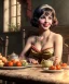 Placeholder: Ultra realistic photographic portrait, happy young Gina Lollobrigida woman sitting with arms resting on Italian kitchen table, ravioli dish, tomatoes, olive oil, renaissance style decoration, soft color, highly detailed, unreal engine 5, ray tracing, RTX, lumen lighting, ultra detail, volumetric lighting, high definition.