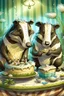 Placeholder: (fairy tale badger adult and little badger junior, animal by Monge)) an insanely beautiful smiling badger, extremely fine detailed fluffy fur, shining smiling eyes very well shabby chick dressed is baking a birthday cake with many light candles together with the smiling little badger, fine detailed fluffy fur, shining eyes shabby chick dressed in his kitchen with many pots: Background kitchen as in a cave, anatomically correct, flawless, full body shot, complete figure, by Monge, by Potter, by D
