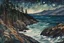 Placeholder: Painting of a lush coastal cedar forest along a rocky Pacific shore, beneath a star strewn winter night sky, in the Expressionist style of Egon Schiele, Oskar Kokoschka, and Franz Marc, in muted natural colors