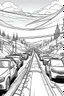 Placeholder: Outline art, no shading, cars on the road, cartoon style, black and white, low detail, --ar 9:11