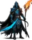 Placeholder: A commander with a matte black combat helmet and eyes with bright blue flaming pupils, a black cape and a long coat with long combat boots and a long, sharp and fiery spear and with his helmet under his cape and two blue flames instead of eyes