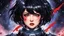 Placeholder: 90s old school anime illustration, sci fi, portrait of a tough female space Captain girl, beautiful symmetrical face, Androgynous, pixie style haircut, sparkling or glittering black hair, pixie cut, blood splattered on her scared, rattled and shook face, space uniform is tattered and ripped with dripping blood, as if she just escaped torture, depraved art, junji ito style, pulp science fiction aesthetic, rotoscoping, violent background and undertone, space battle, feminist art, japanese horror