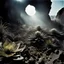 Placeholder: A striking quality Kodak close-up photograph captures a wasteland with groups of plants, creepy, details of the dust very accentuated, glossy, organic, adorned with minerals and rocks. Bathed in intense light, eerie, Max Ernst style, black sun, fog