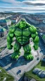 Placeholder: drone shot, close up portrait of Hulk over Nidelven in Trondheim