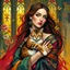 Placeholder: A vibrant, artistic portrait of a woman holding a cat, with rich, layered, and vivid colors. The woman is surrounded by flowing fabrics in bold hues, intricate floral patterns in the background, and dynamic brushstrokes that create a sense of movement. Add golden light filtering through stained-glass windows, delicate butterflies fluttering around, and abstract geometric shapes blending into the scene. The style is expressive, painterly, and immersive, evoking a sense of wonder and depth.