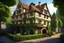 Placeholder: large medieval gothic inn, with a balcony, next to a sloping, cobbled road, surrounded by trees with dense foliage, photo-realistic