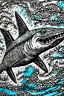 Placeholder: An art naive style drawing of a shark colored in free flowing liquid black inks