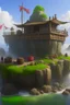 Placeholder: a pirate den builded on big rocks surrounded by myst