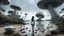 Placeholder: Wide-angle shot of a woman, standing on the right side of an alien beach, with dark hair in a silver robotic catsuit, lots of large floating mushrooms with long tentacles, alien jungle trees in the distance