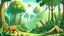 Placeholder: Cartoon illustration for children: Cenozoic rainforest, millions of years ago, with towering prehistoric trees and strange looking gigantic plants