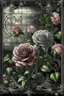 Placeholder: 63. beautiful landscape elegant blooming pink roses and daisies, lots of greenery, sequins, dew filigree, smoke fractal, spiral space outside the window, hyperrealism, glitter, glare, hyperdetalization. vintage, inlaid outline in black pencil, aesthetically pleasing, beautiful, realistic, high resolution, high detail